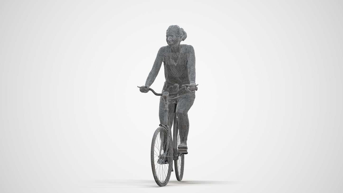 realistic 3D human woman casual cycling, archviz people FBX OBJ for Blender, three-quarter front view render