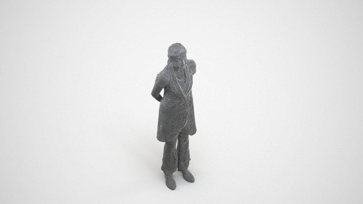 realistic 3D woman hospitality, scanned archviz people for Blender and 3ds Max, wireframe three-quarter view
