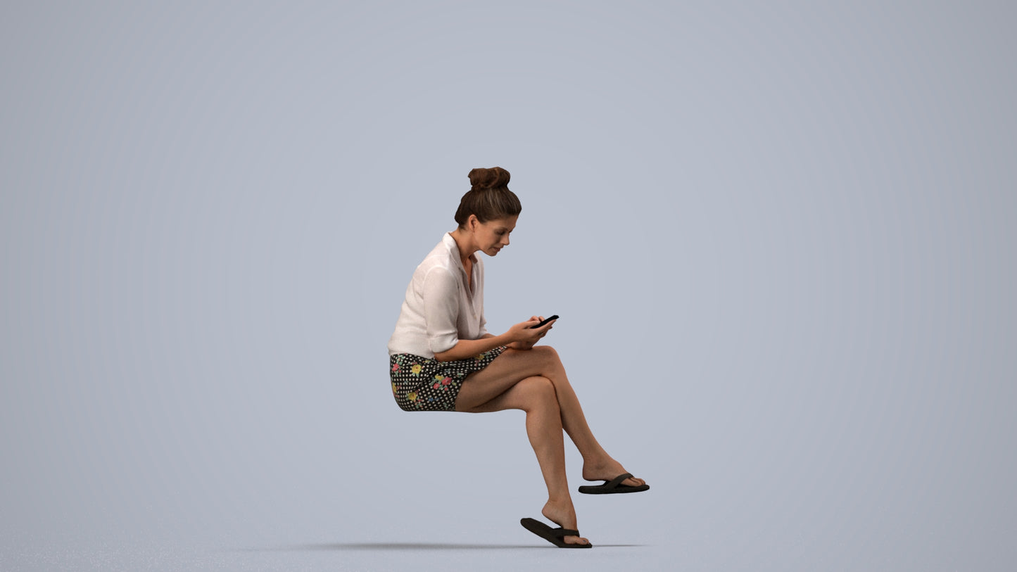 scanned 3D woman casual sitting, photogrammetry people for Enscape and V-Ray, side view render