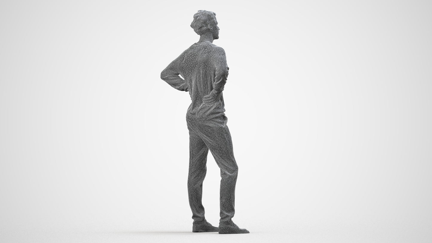 3D human model man casual standing, photogrammetry scanned person for archviz, wireframe side view