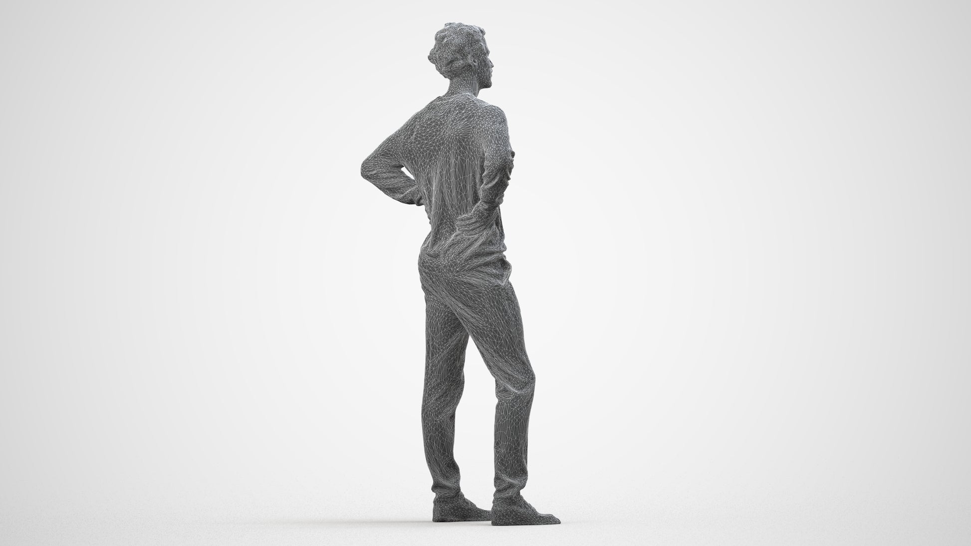 3D human model man casual standing, photogrammetry scanned person for archviz, wireframe side view