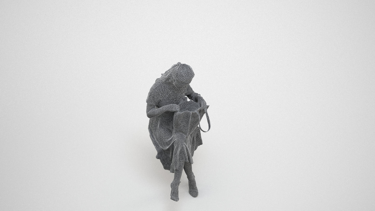 3D people model woman casual sitting, scanned human for 3ds Max rendering, wireframe three-quarter view