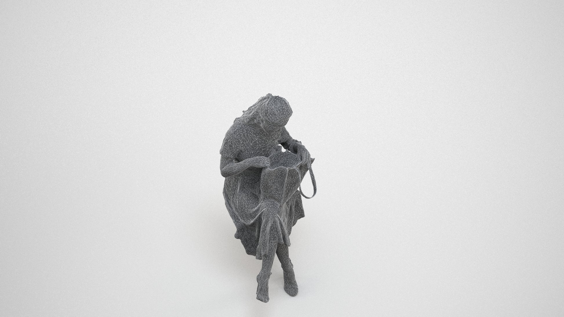3D people model woman casual sitting, scanned human for 3ds Max rendering, wireframe three-quarter view