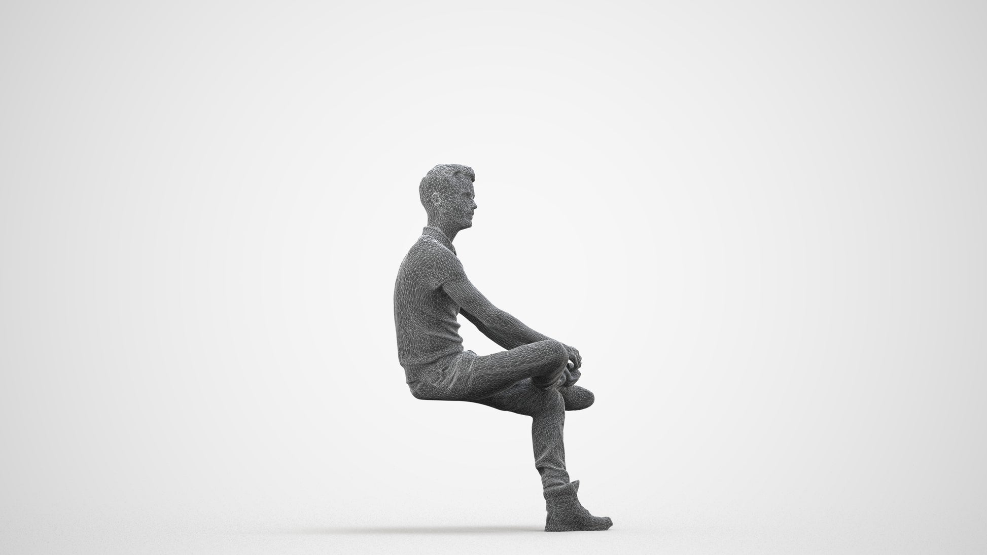 realistic 3D man casual sitting, scanned archviz people for Blender and 3ds Max, wireframe side view