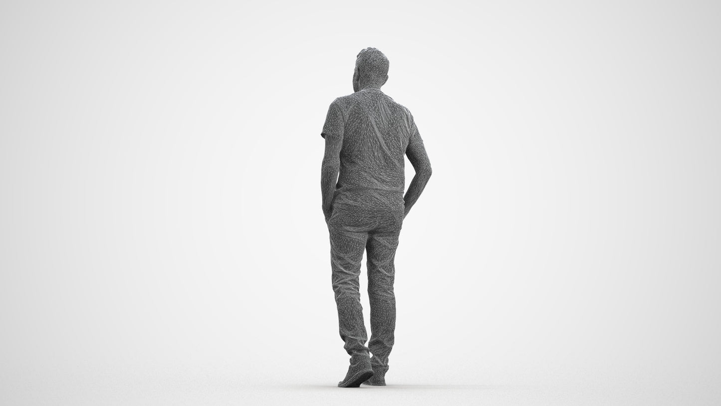 3D people model senior man casual walking, scanned human for 3ds Max rendering, wireframe front view
