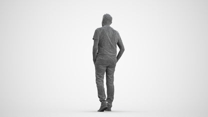 3D people model senior man casual walking, scanned human for 3ds Max rendering, wireframe front view