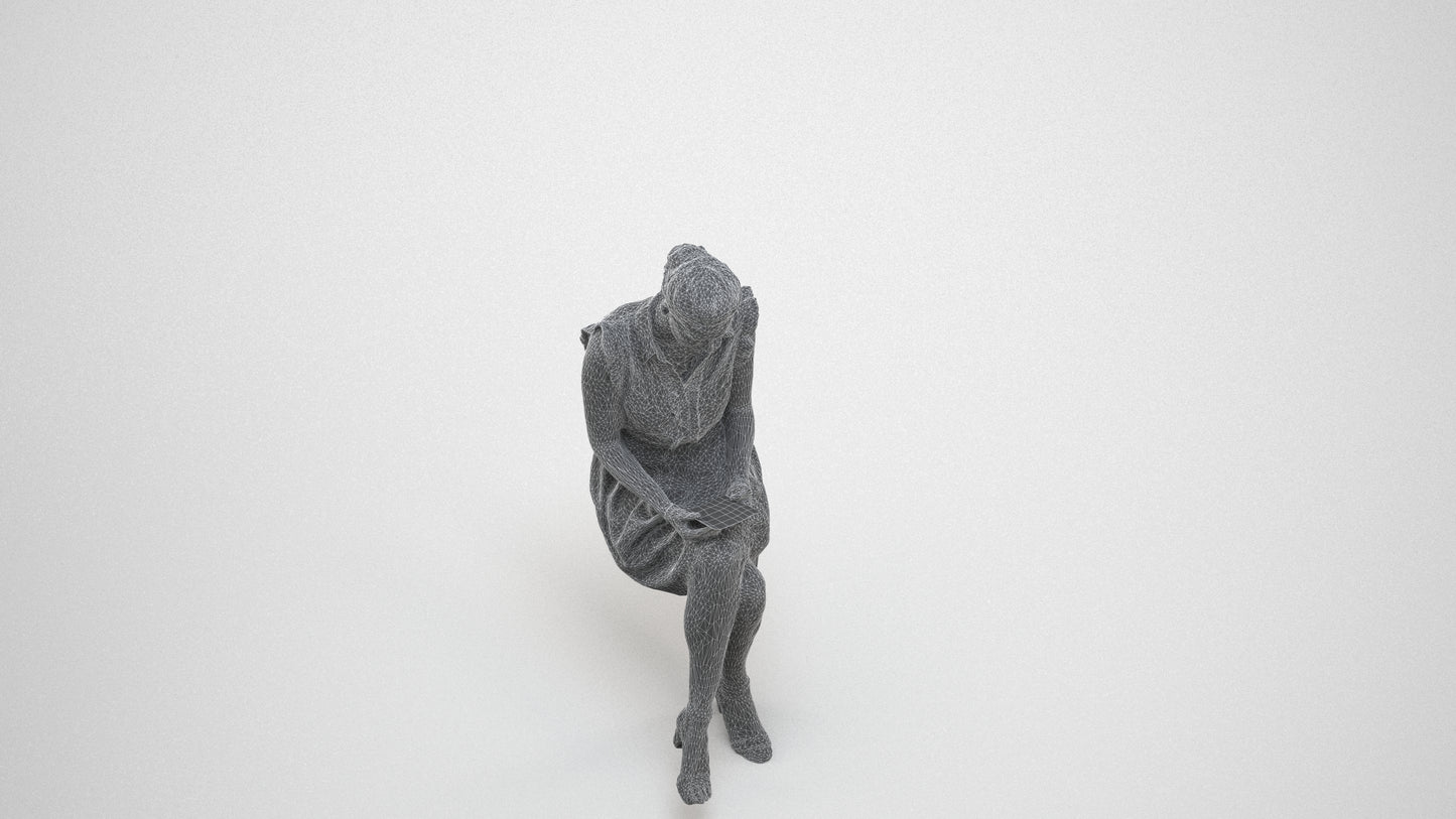 scanned 3D woman casual sitting, photogrammetry people for Enscape and V-Ray, wireframe three-quarter view