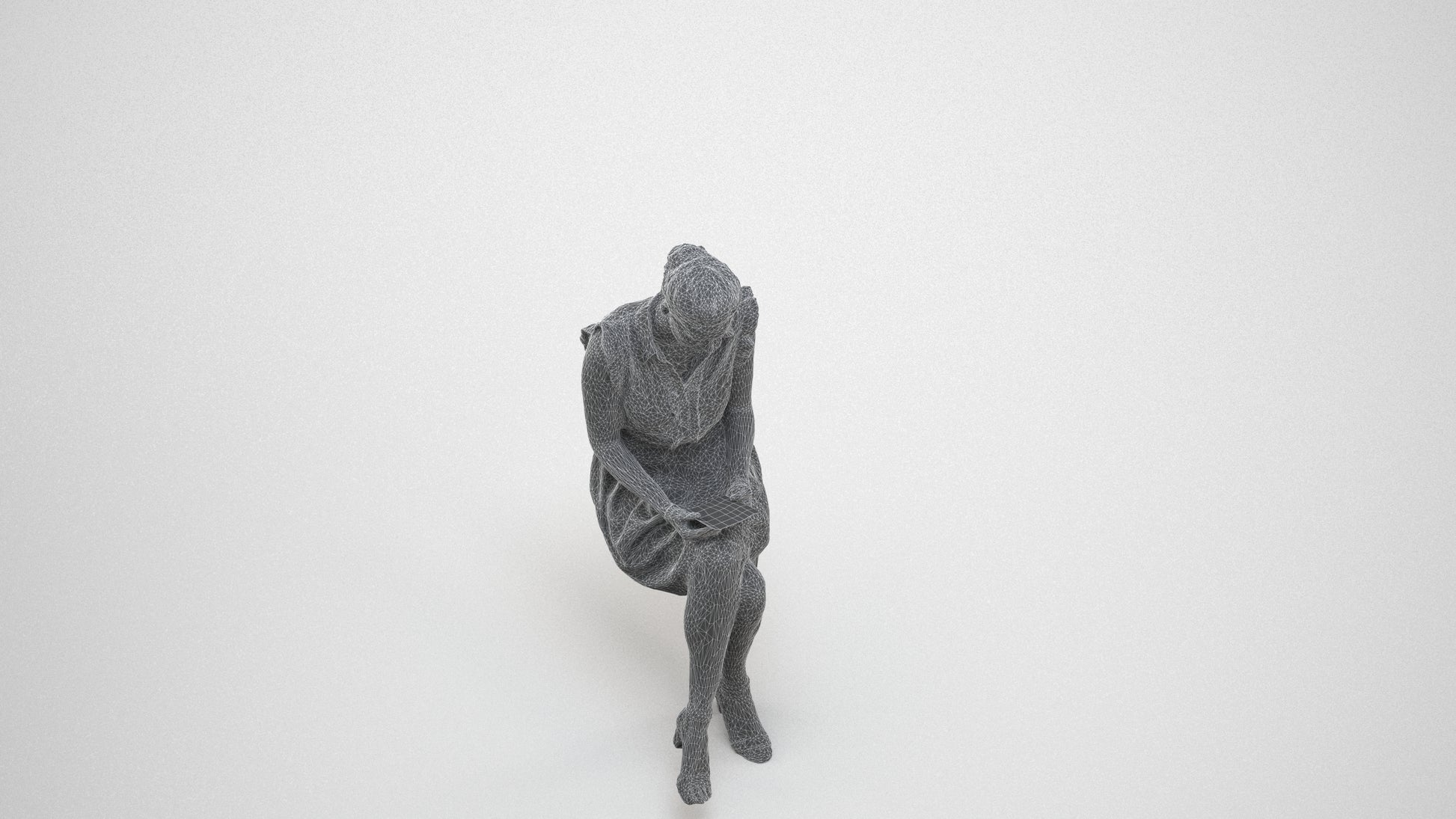 scanned 3D woman casual sitting, photogrammetry people for Enscape and V-Ray, wireframe three-quarter view