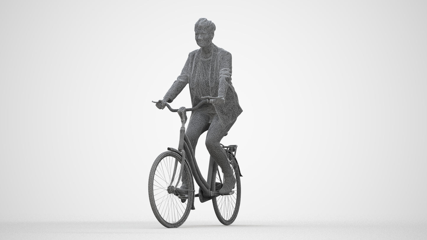 3D people model woman business cycling, scanned human for 3ds Max rendering, wireframe back view