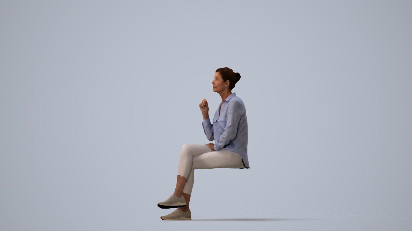 realistic 3D senior woman casual sitting, scanned archviz people for Blender and 3ds Max, three-quarter view render