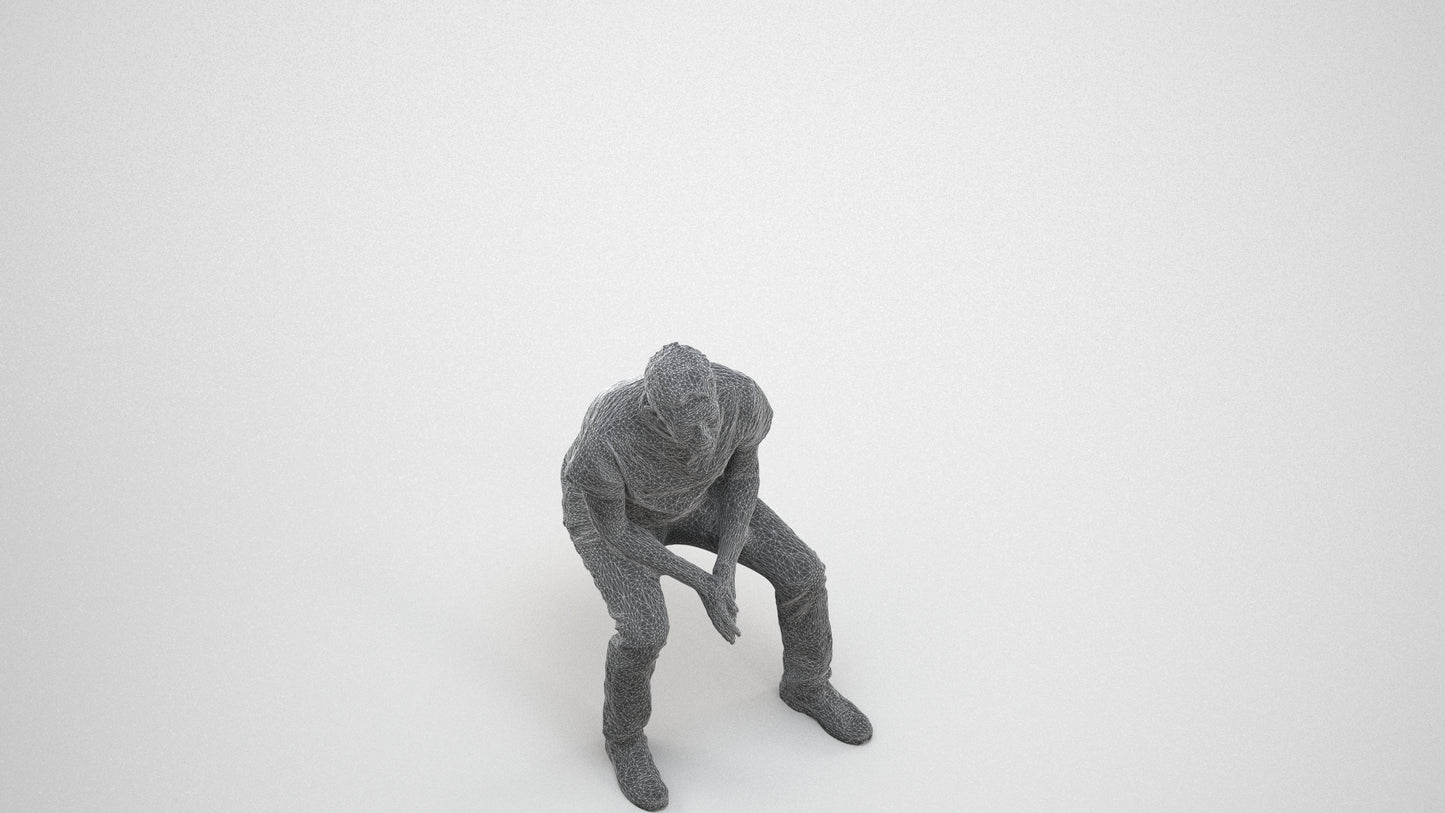 3D scanned senior man sitting casual, photorealistic archviz people for Enscape and SketchUp, wireframe three-quarter view