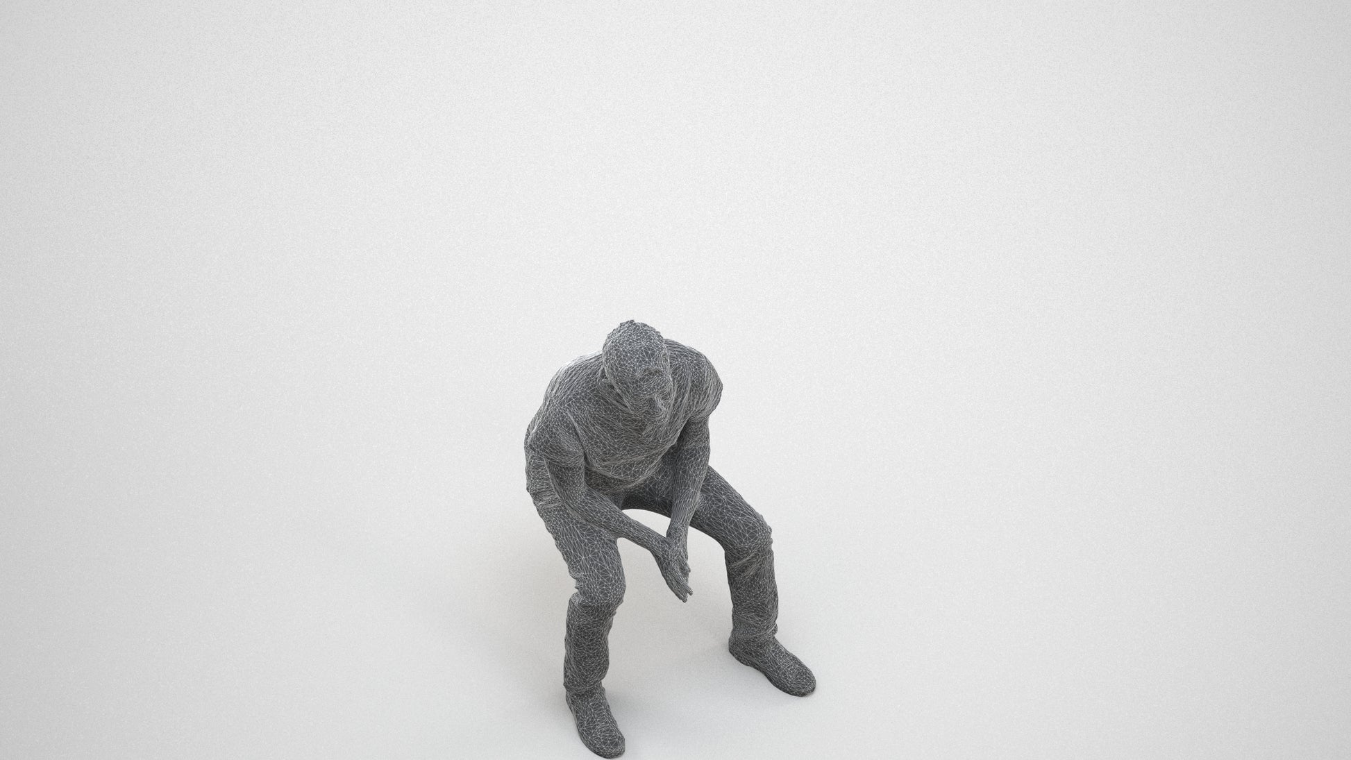 3D scanned senior man sitting casual, photorealistic archviz people for Enscape and SketchUp, wireframe three-quarter view
