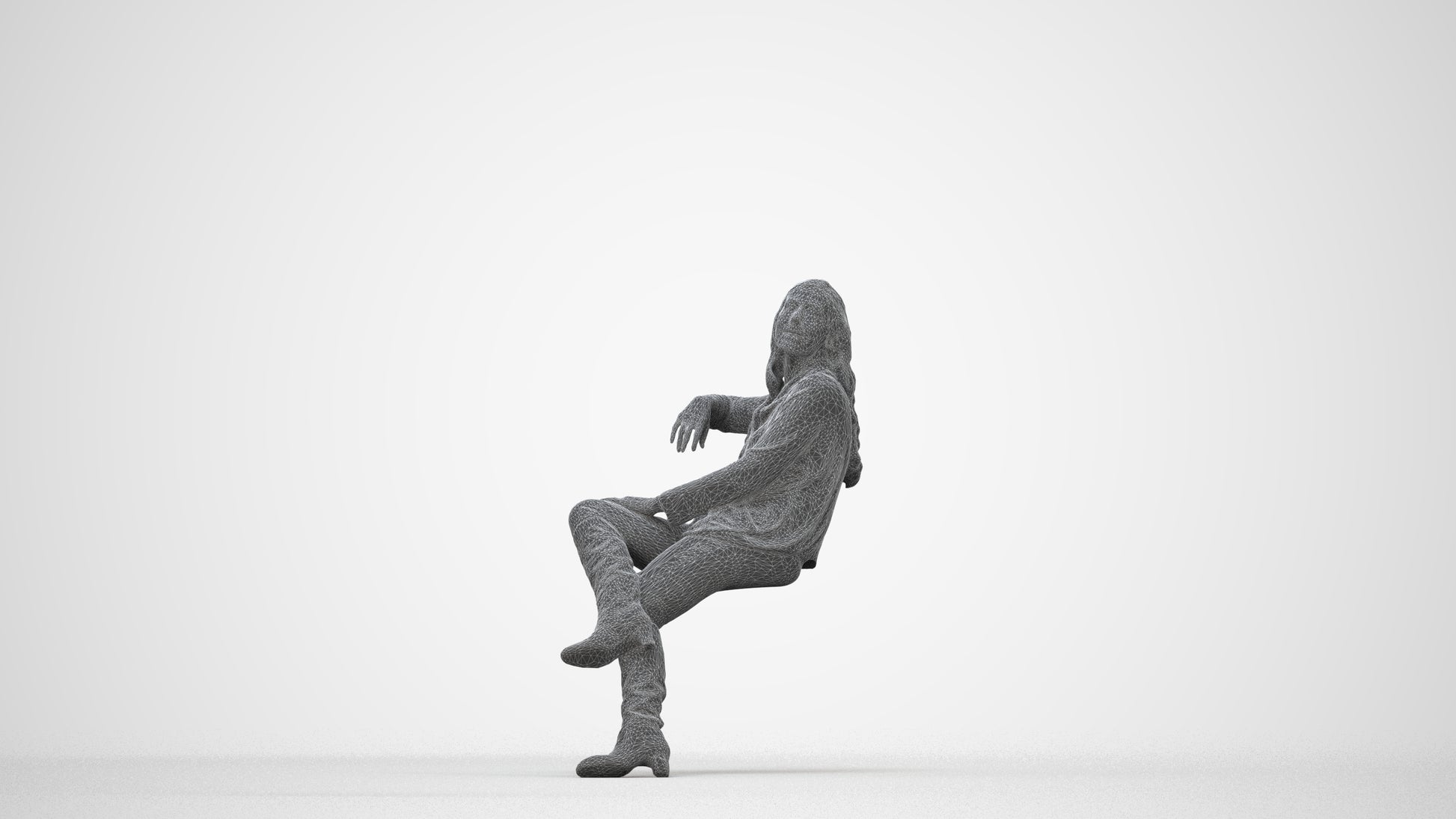 3D human model woman casual sitting, photogrammetry scanned person for archviz, wireframe back view
