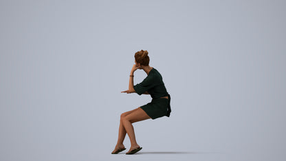 realistic 3D human woman casual sitting, archviz people FBX OBJ for Blender, three-quarter view render