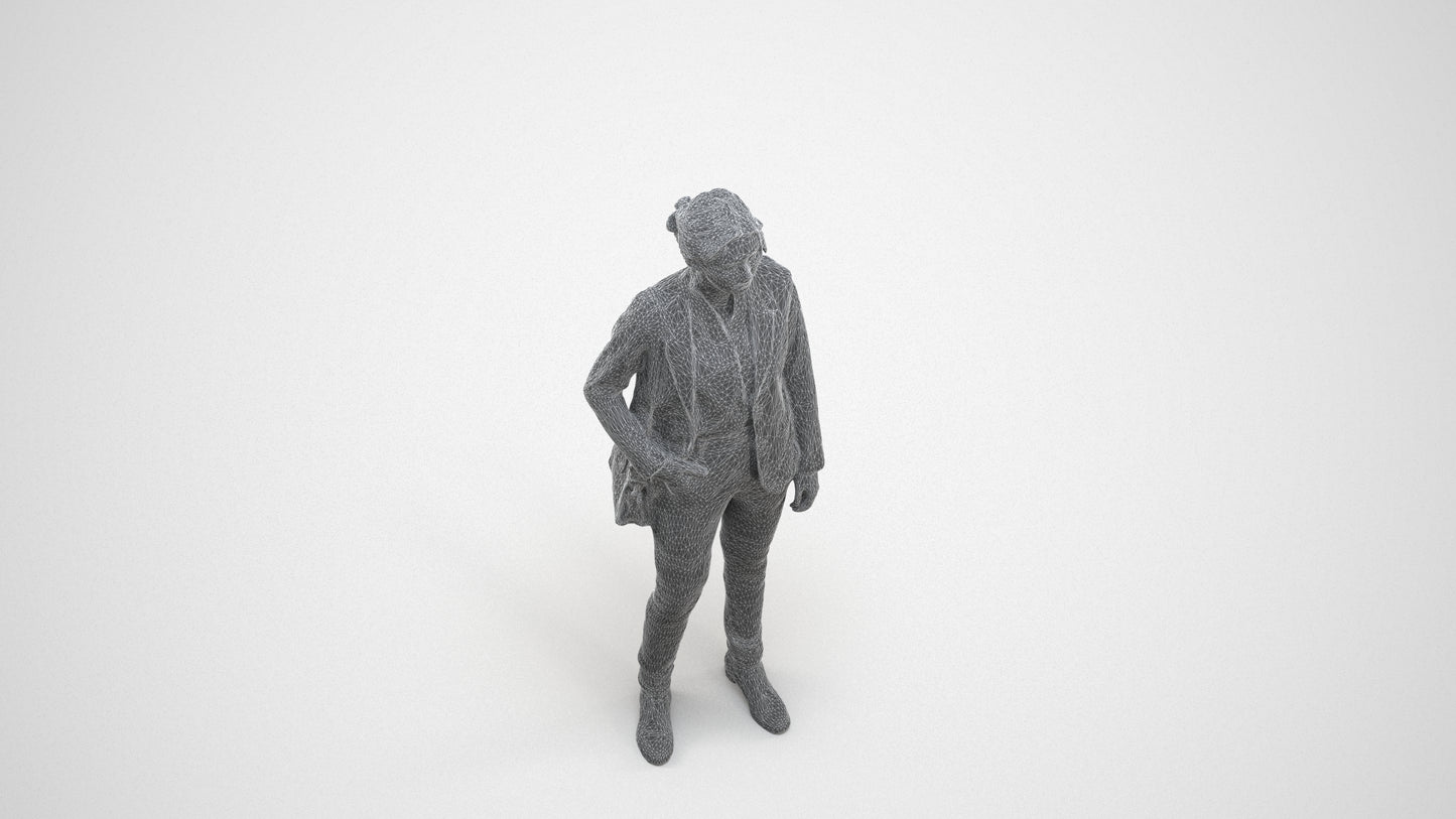 realistic 3D human woman business, archviz people FBX OBJ for Blender, wireframe three-quarter view