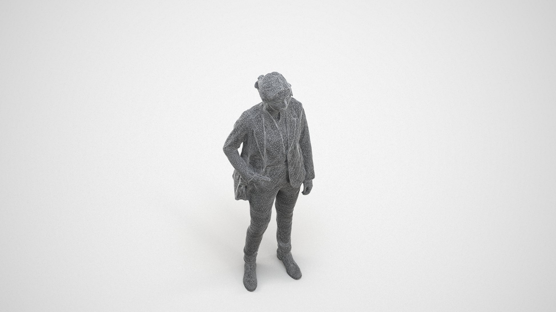 realistic 3D human woman business, archviz people FBX OBJ for Blender, wireframe three-quarter view
