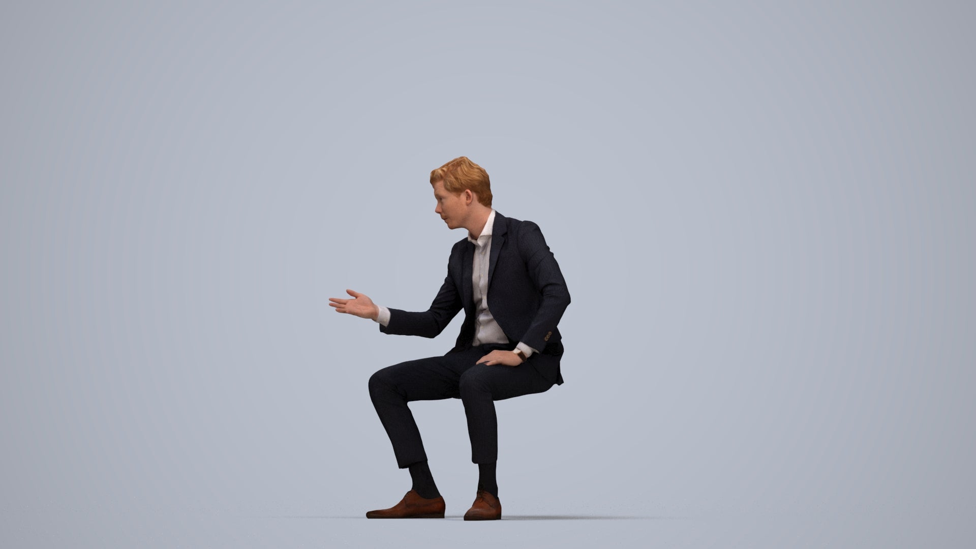 3D human model man business, photogrammetry scanned person for archviz, top-down view render