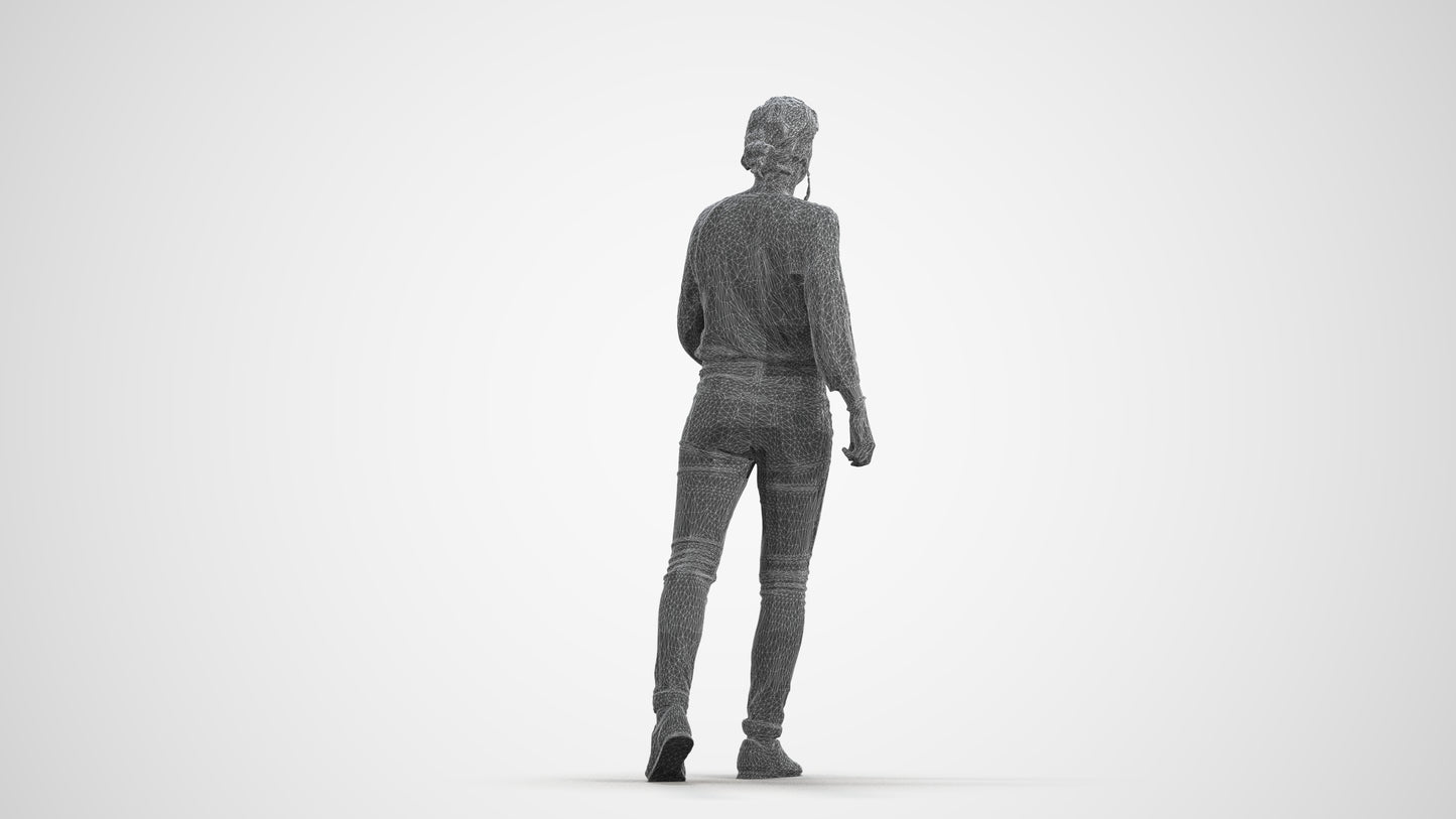 realistic 3D human woman casual walking, archviz people FBX OBJ for Blender, wireframe front view