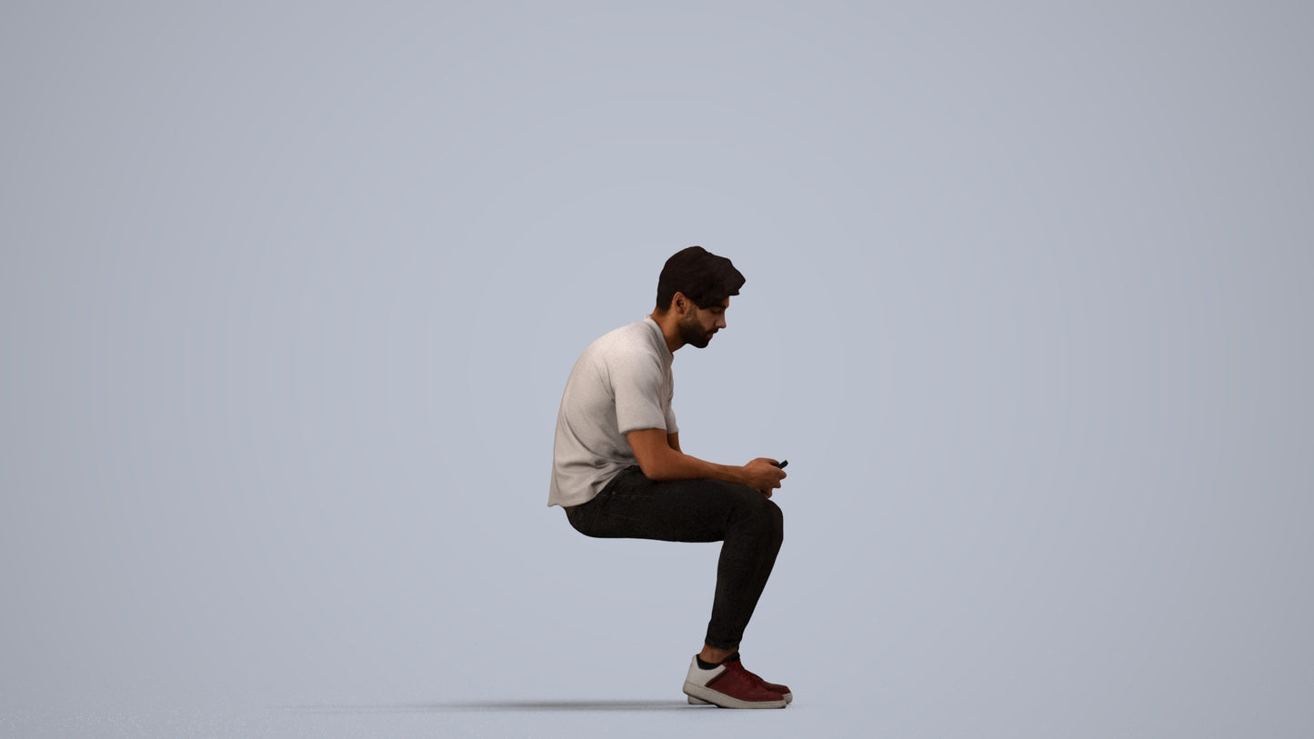realistic 3D human man casual sitting, archviz people FBX OBJ for Blender, side view render