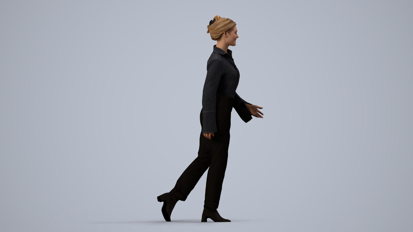 3D human model woman business walking, photogrammetry scanned person for archviz, side view render