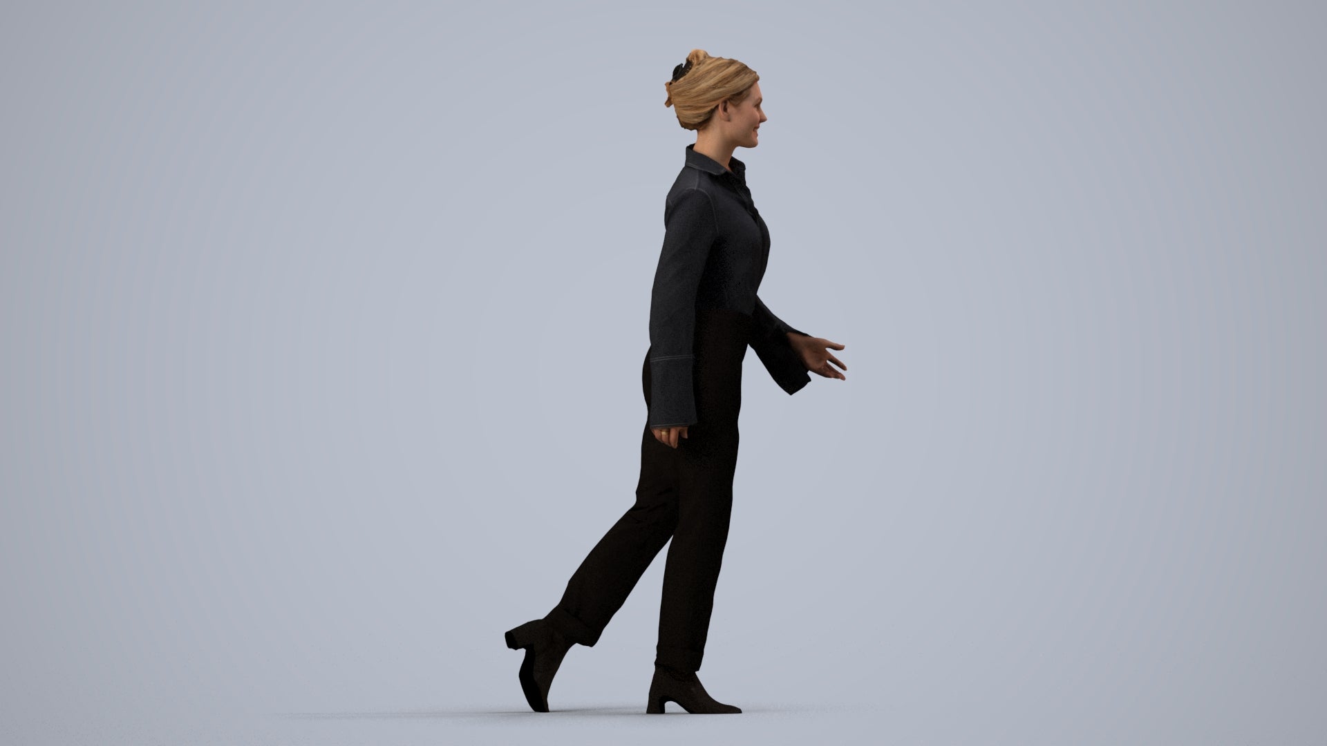 3D human model woman business walking, photogrammetry scanned person for archviz, side view render