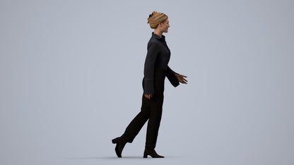 3D human model woman business walking, photogrammetry scanned person for archviz, side view render
