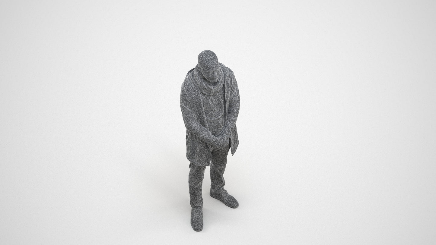 realistic 3D man casual standing, scanned archviz people for Blender and 3ds Max, wireframe three-quarter view