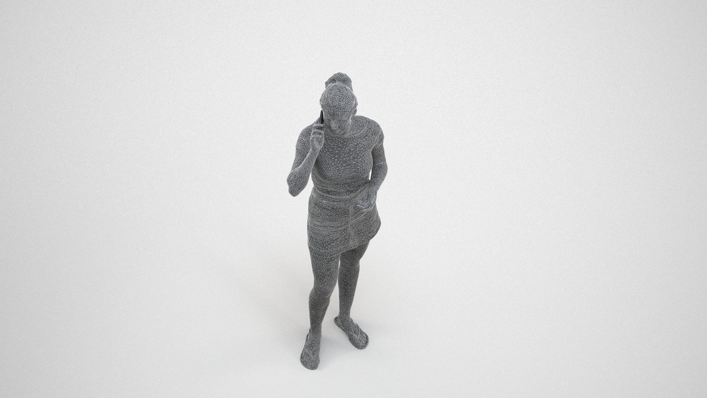 realistic 3D woman casual standing, scanned archviz people for Blender and 3ds Max, wireframe three-quarter view