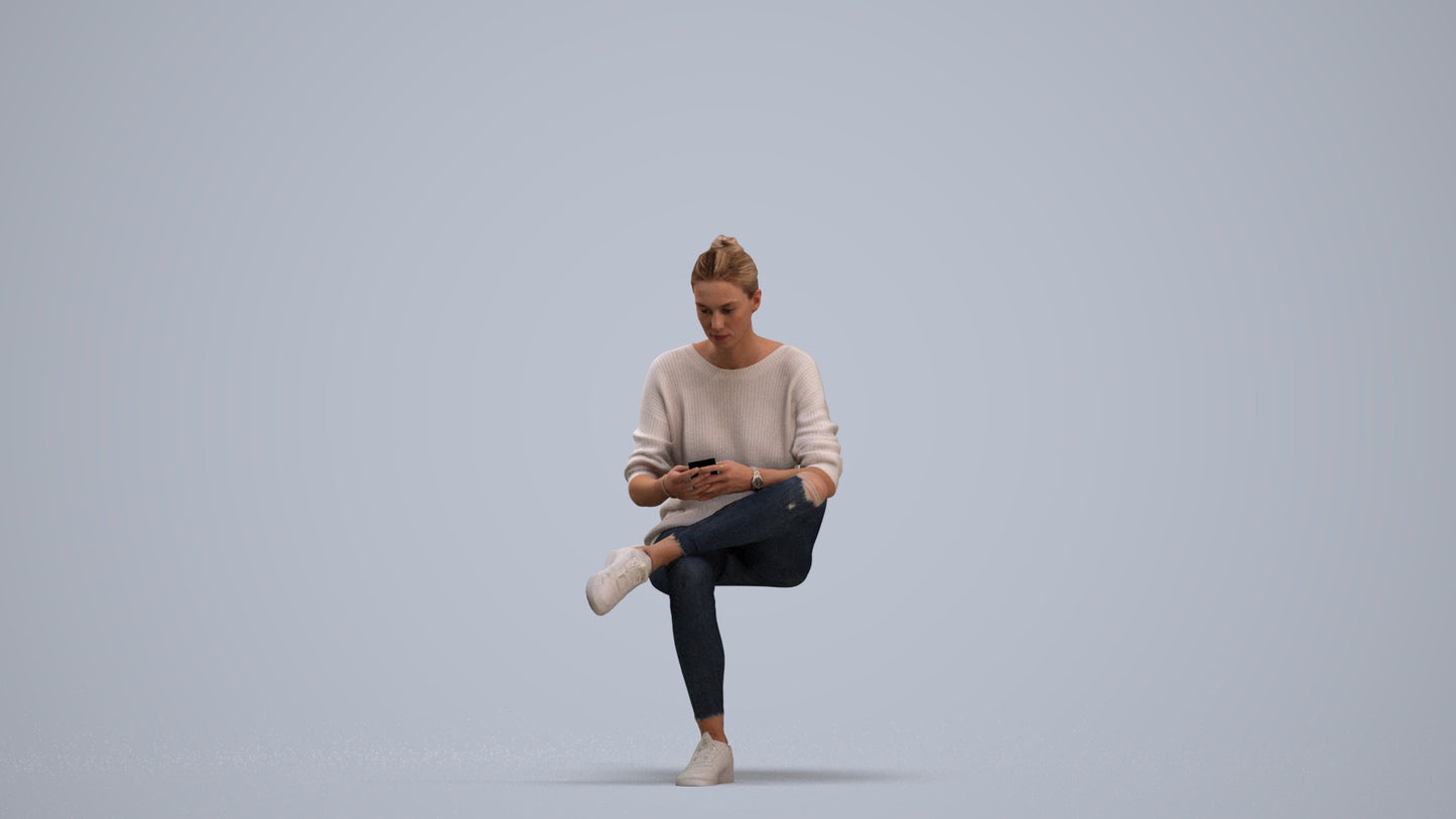 photogrammetry 3D woman casual sitting, realistic human model archviz FBX, standing pose render