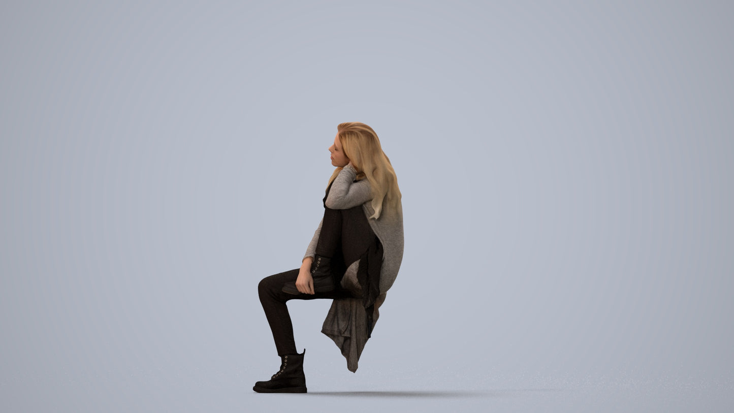 3D scanned woman sitting casual, photorealistic archviz people for Enscape and SketchUp, three-quarter view render