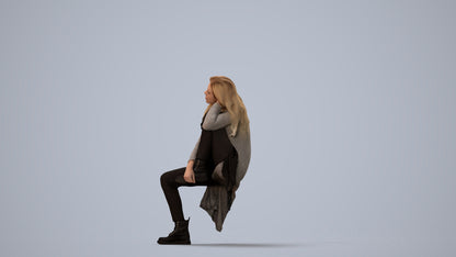 3D scanned woman sitting casual, photorealistic archviz people for Enscape and SketchUp, three-quarter view render