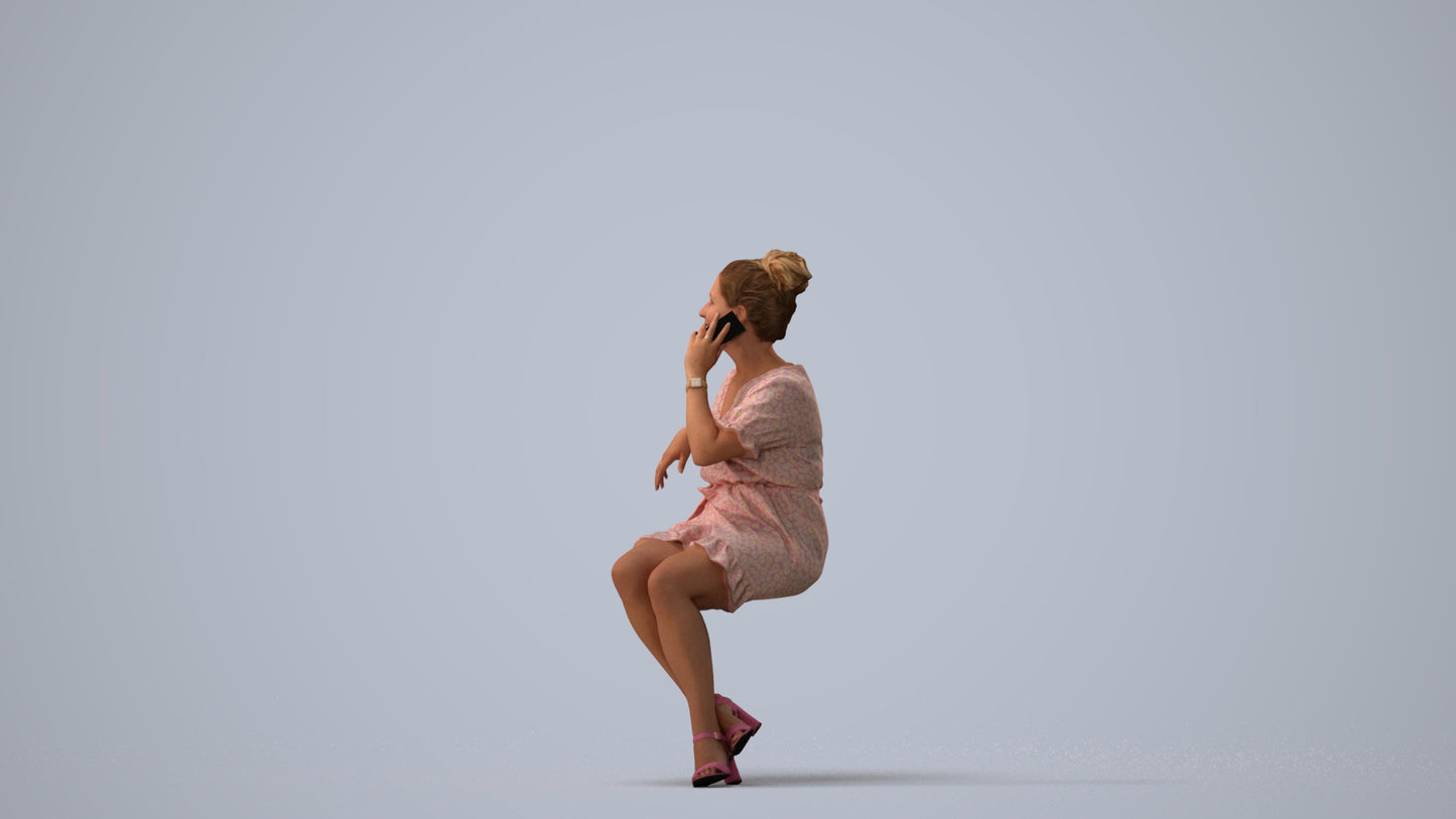 scanned 3D woman casual sitting, photogrammetry people for Enscape and V-Ray, three-quarter view render