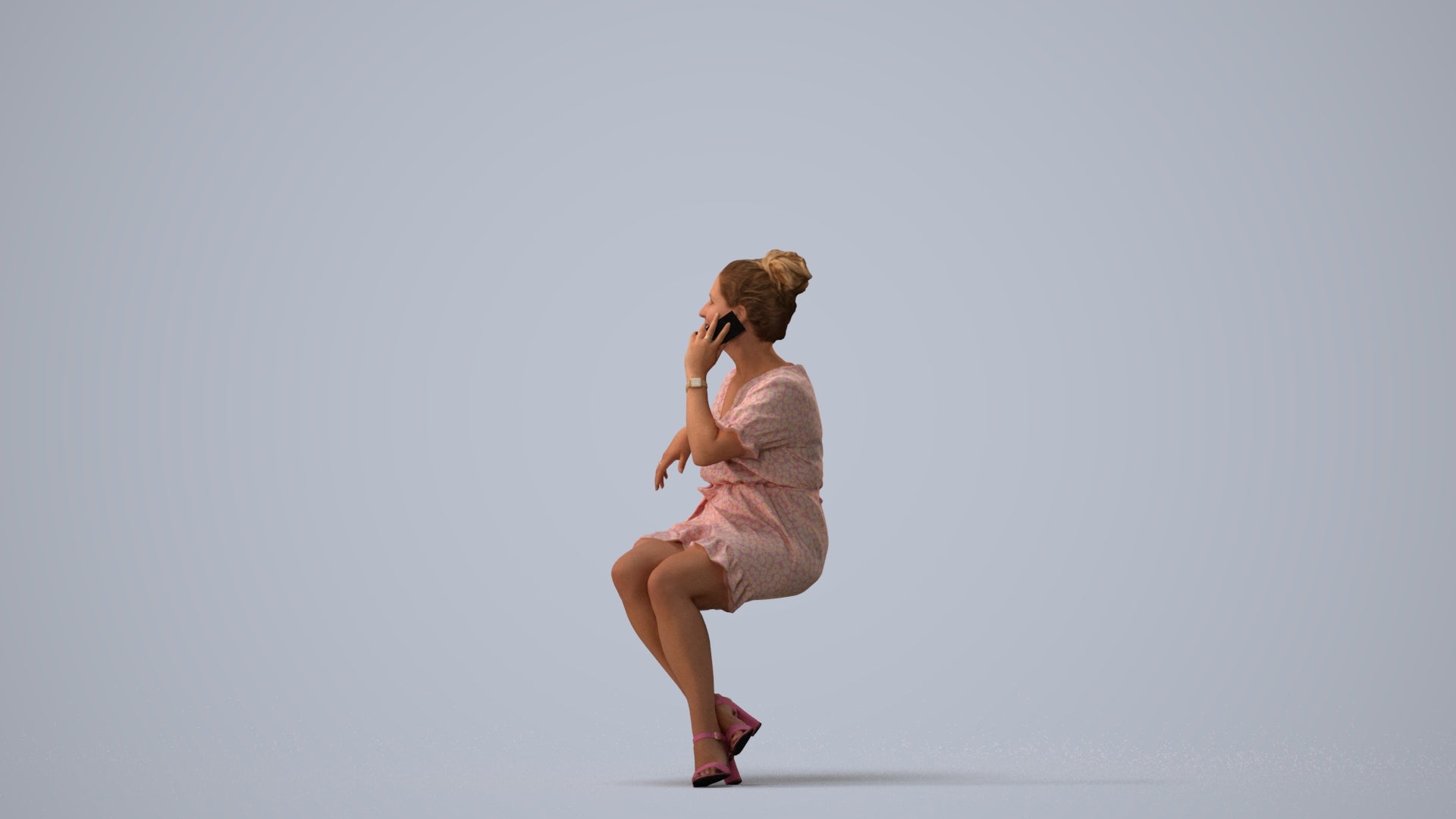 scanned 3D woman casual sitting, photogrammetry people for Enscape and V-Ray, three-quarter view render