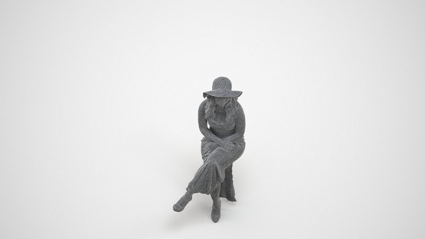 scanned 3D woman casual sitting, photogrammetry people for Enscape and V-Ray, wireframe three-quarter view