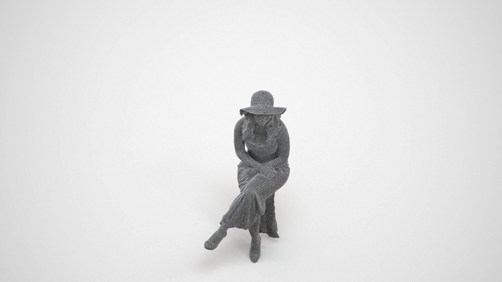 scanned 3D woman casual sitting, photogrammetry people for Enscape and V-Ray, wireframe three-quarter view