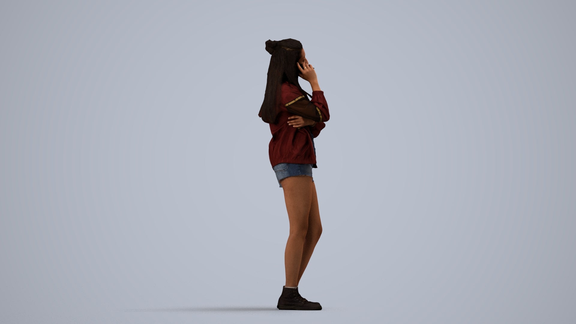 realistic 3D woman casual standing, scanned archviz people for Blender and 3ds Max, side view render