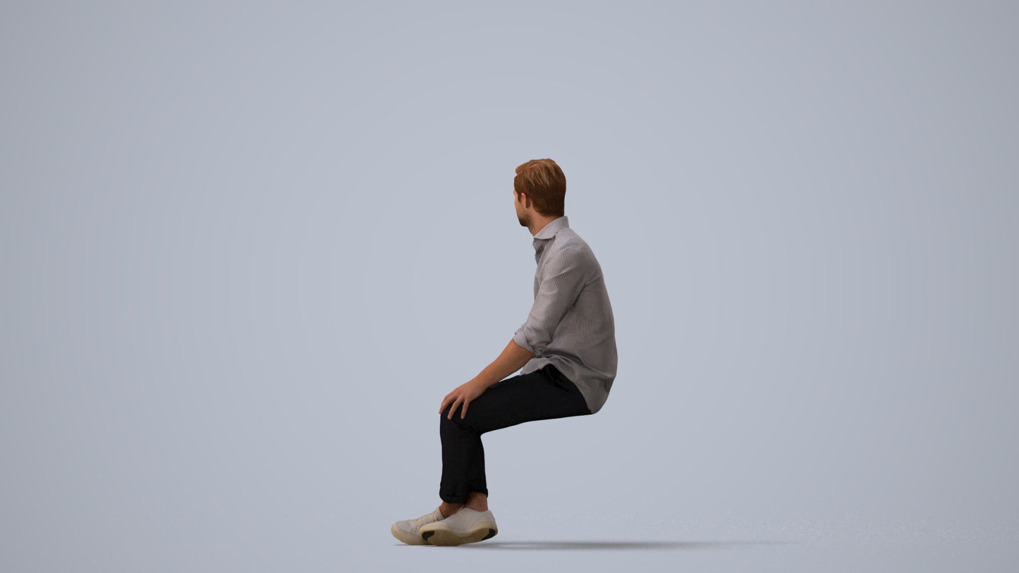 scanned 3D man casual sitting, photogrammetry people for Enscape and V-Ray, three-quarter view render
