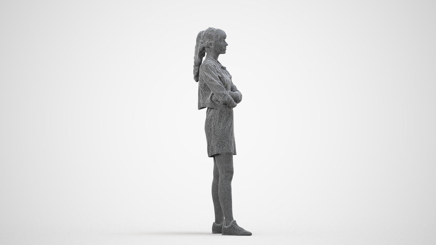 realistic 3D woman casual standing, scanned archviz people for Blender and 3ds Max, wireframe side view