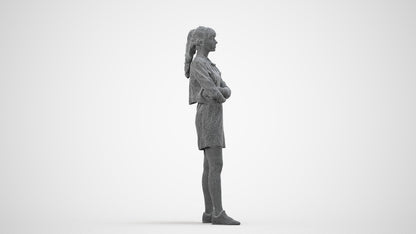 realistic 3D woman casual standing, scanned archviz people for Blender and 3ds Max, wireframe side view