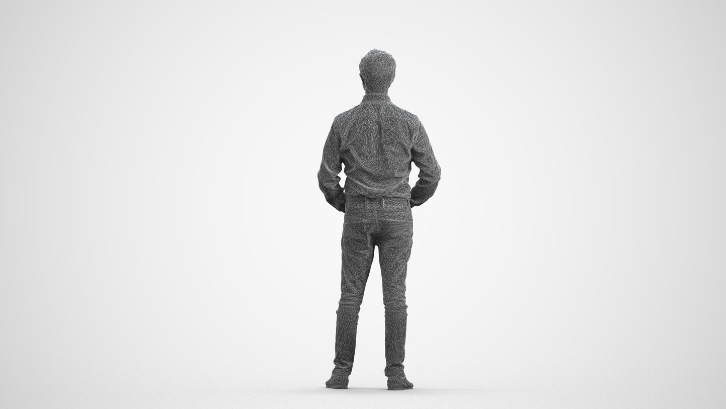 3D scanned man standing business, photorealistic archviz people for Enscape and SketchUp, wireframe front view
