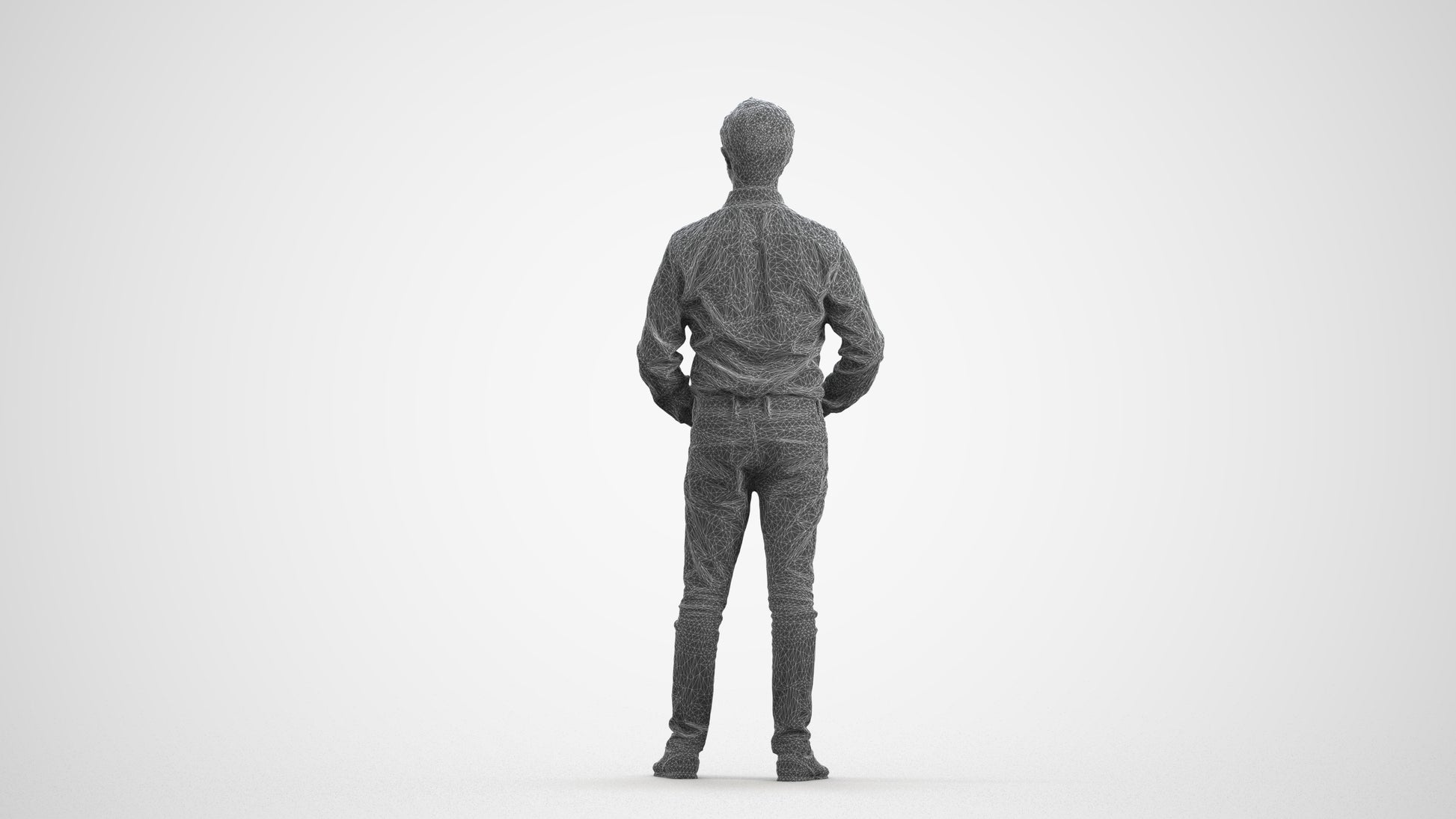3D scanned man standing business, photorealistic archviz people for Enscape and SketchUp, wireframe front view