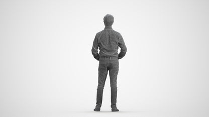 3D scanned man standing business, photorealistic archviz people for Enscape and SketchUp, wireframe front view