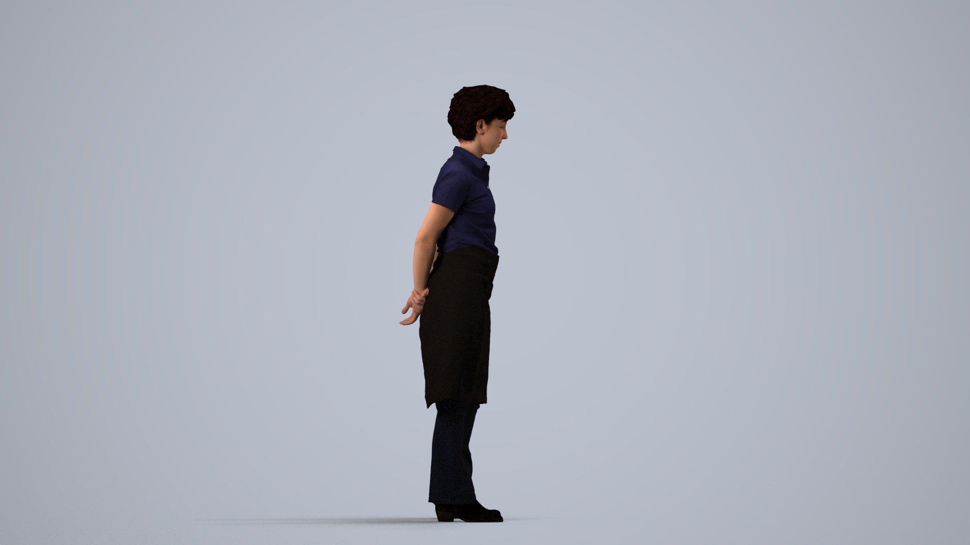 3D scanned woman standing, photorealistic archviz people for Enscape and SketchUp, side view render