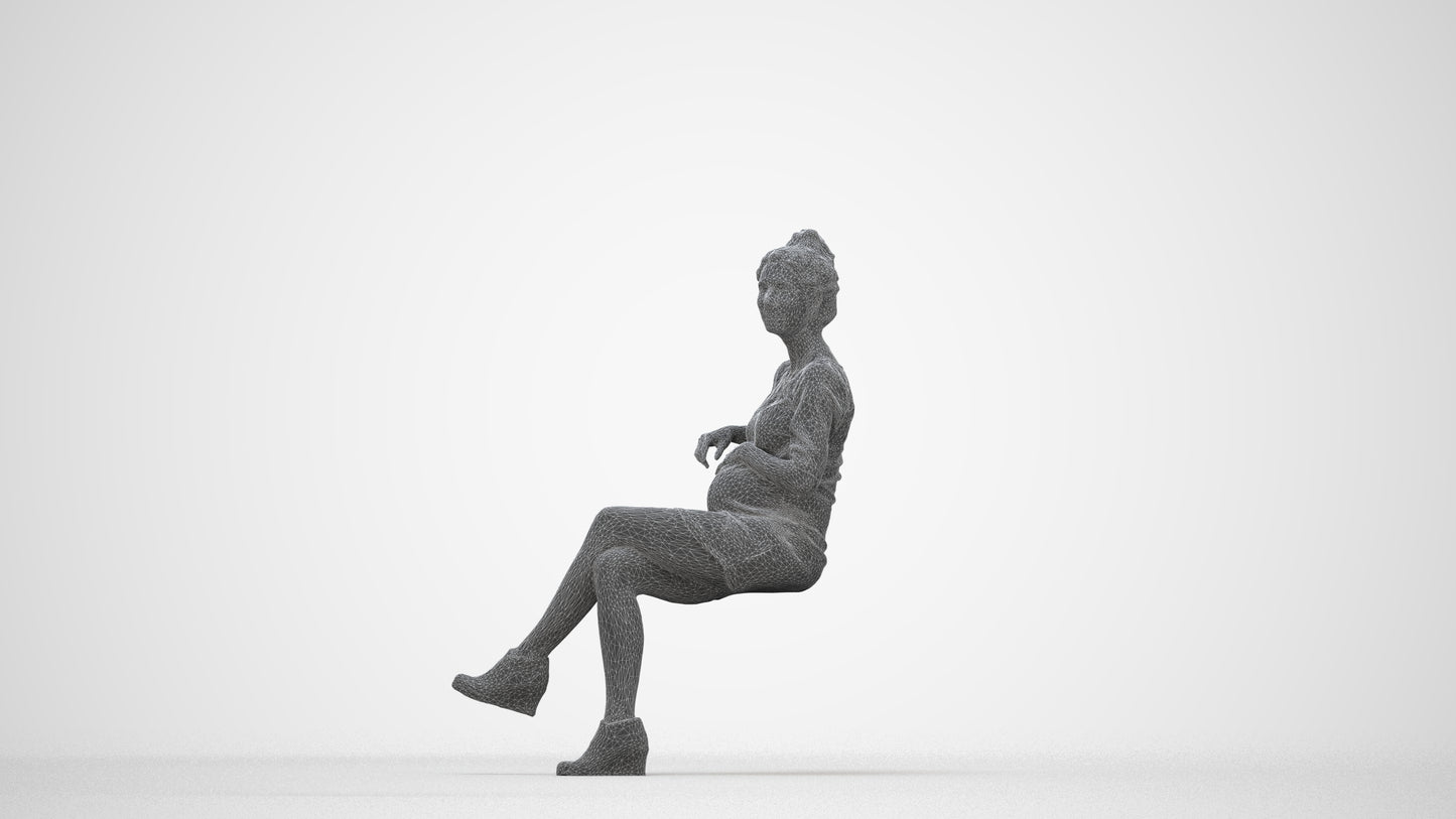 3D scanned woman sitting casual, photorealistic archviz people for Enscape and SketchUp, wireframe back view