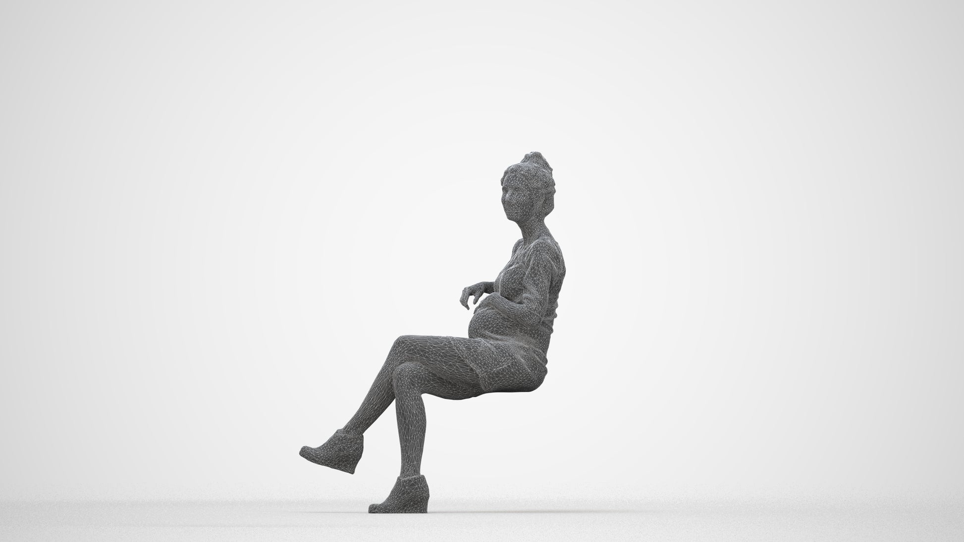 3D scanned woman sitting casual, photorealistic archviz people for Enscape and SketchUp, wireframe back view