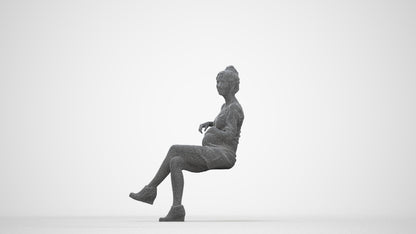 3D scanned woman sitting casual, photorealistic archviz people for Enscape and SketchUp, wireframe back view