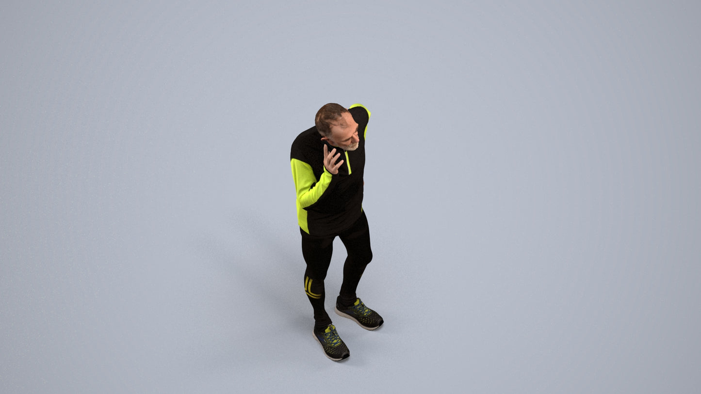 3D human model senior man sport, photogrammetry scanned person for archviz, back view render