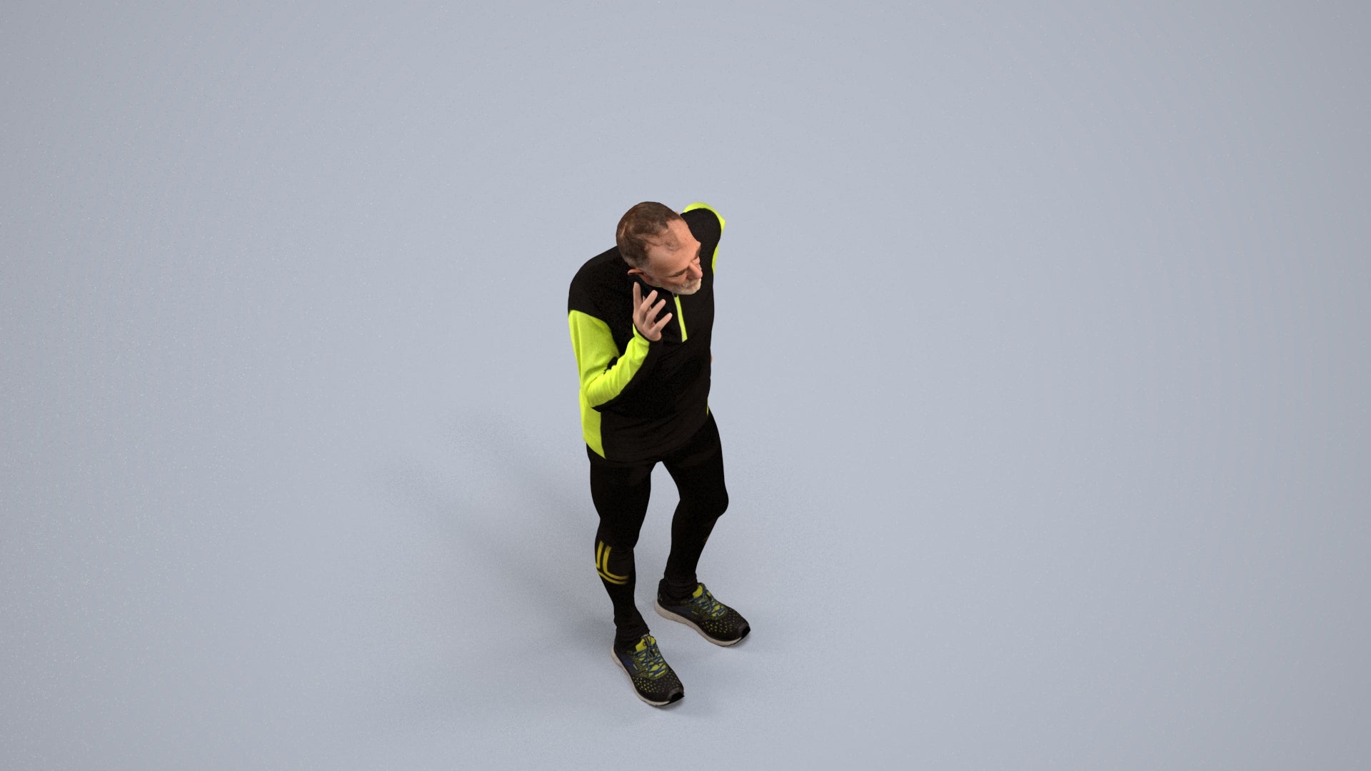 3D human model senior man sport, photogrammetry scanned person for archviz, back view render
