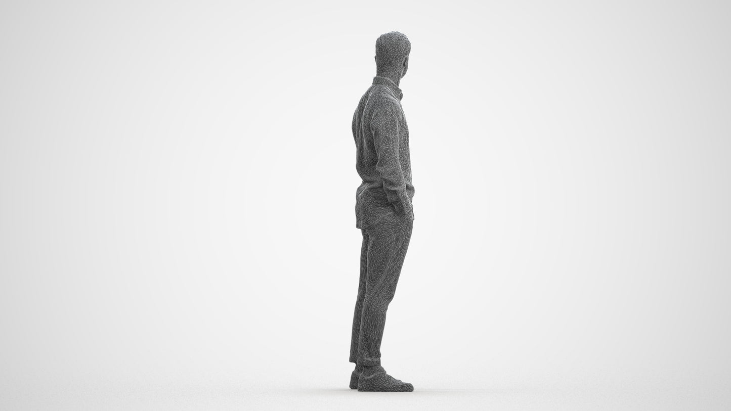 realistic 3D man casual standing, scanned archviz people for Blender and 3ds Max, wireframe front view