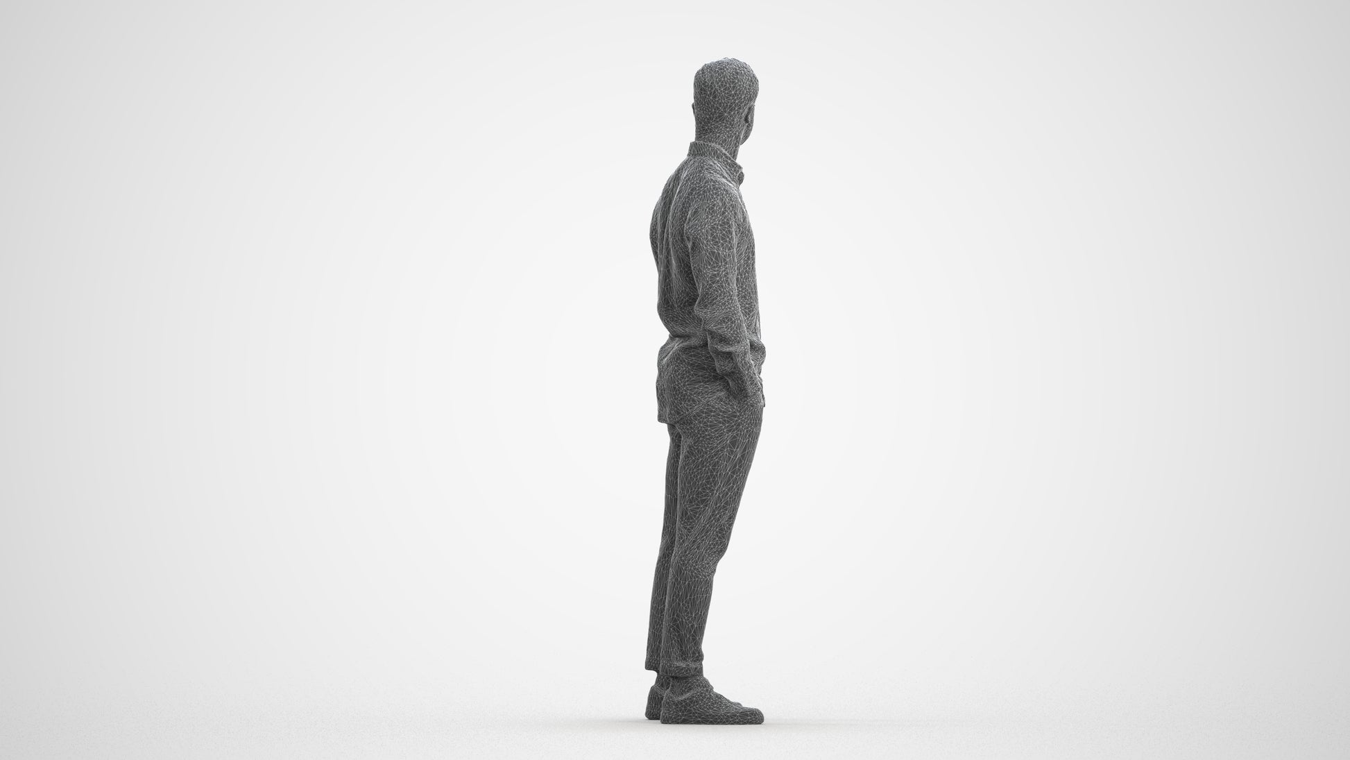 realistic 3D man casual standing, scanned archviz people for Blender and 3ds Max, wireframe front view